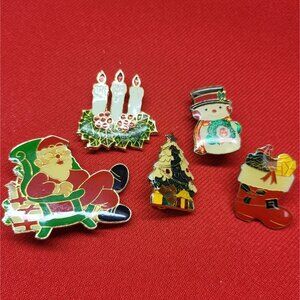 Vintage Christmas Pins Brooches Set of 5 Santa Candle Tree Stocking Snowman